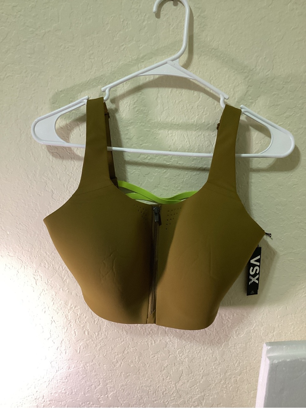 Victoria's Secret Olive Green Front-Zip Sports Bra with Lime Trim